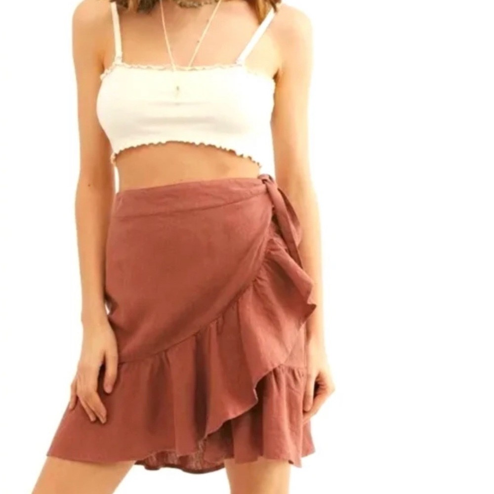 Free People Ruffle My Feathers Terracotta Linen Ruffle Wrap Skirt Size 2